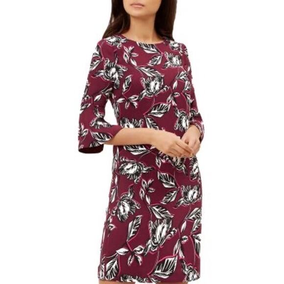 Hobbs Floral Leaf Shift Dress Size 8 Burgundy Flare Sleeve - Picture 1 of 10